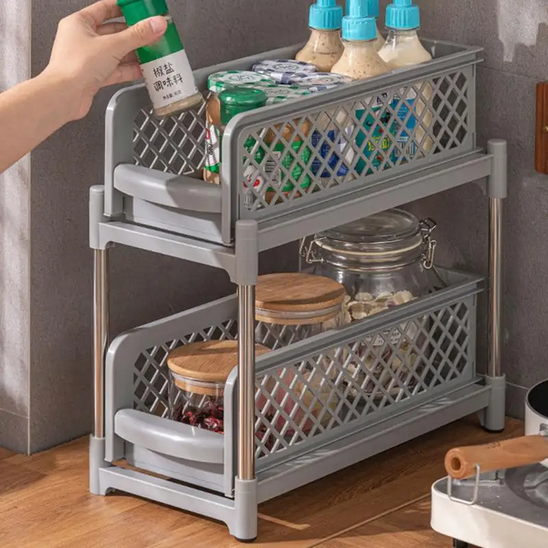 2 Tier Pull Out Under Sink Countertop Shelf Slide Cabinet Rack Organizer Bedroom Bathroom Cosmetic Storage Rack Kitchen Supplies