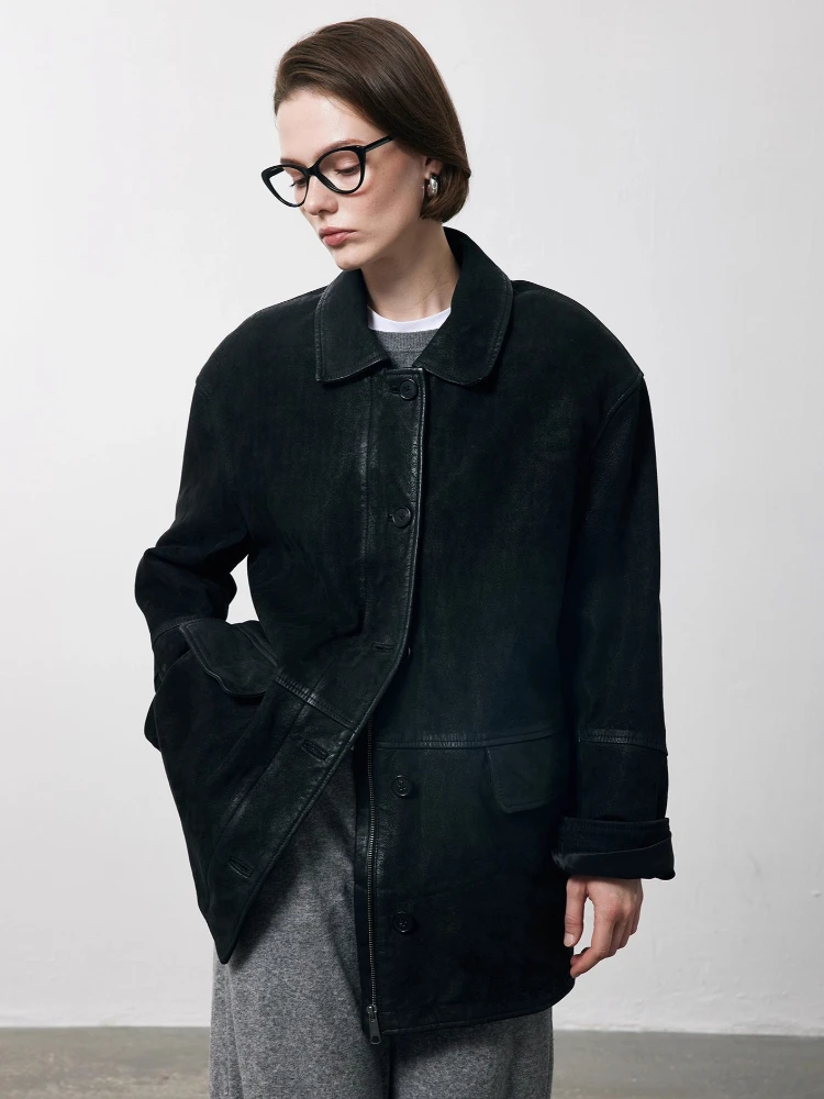 

Vintage Genuine Leather Jackets for Women Autumn Winter 2026 New High-end Simple Loose Mid-length Real Goatskin Leather Coat