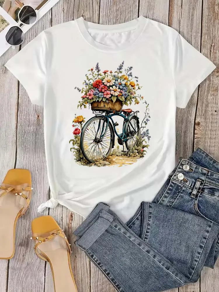 เสื้อยืดผู้หญิงแฟชั่นลายดอกไม้พิมพ์ลายจักรยาน เสื้อยืดแขนสั้นคอกลม เสื้อยืดลำลองสำหรับผู้หญิง เสื้อผ้าท็อปส์