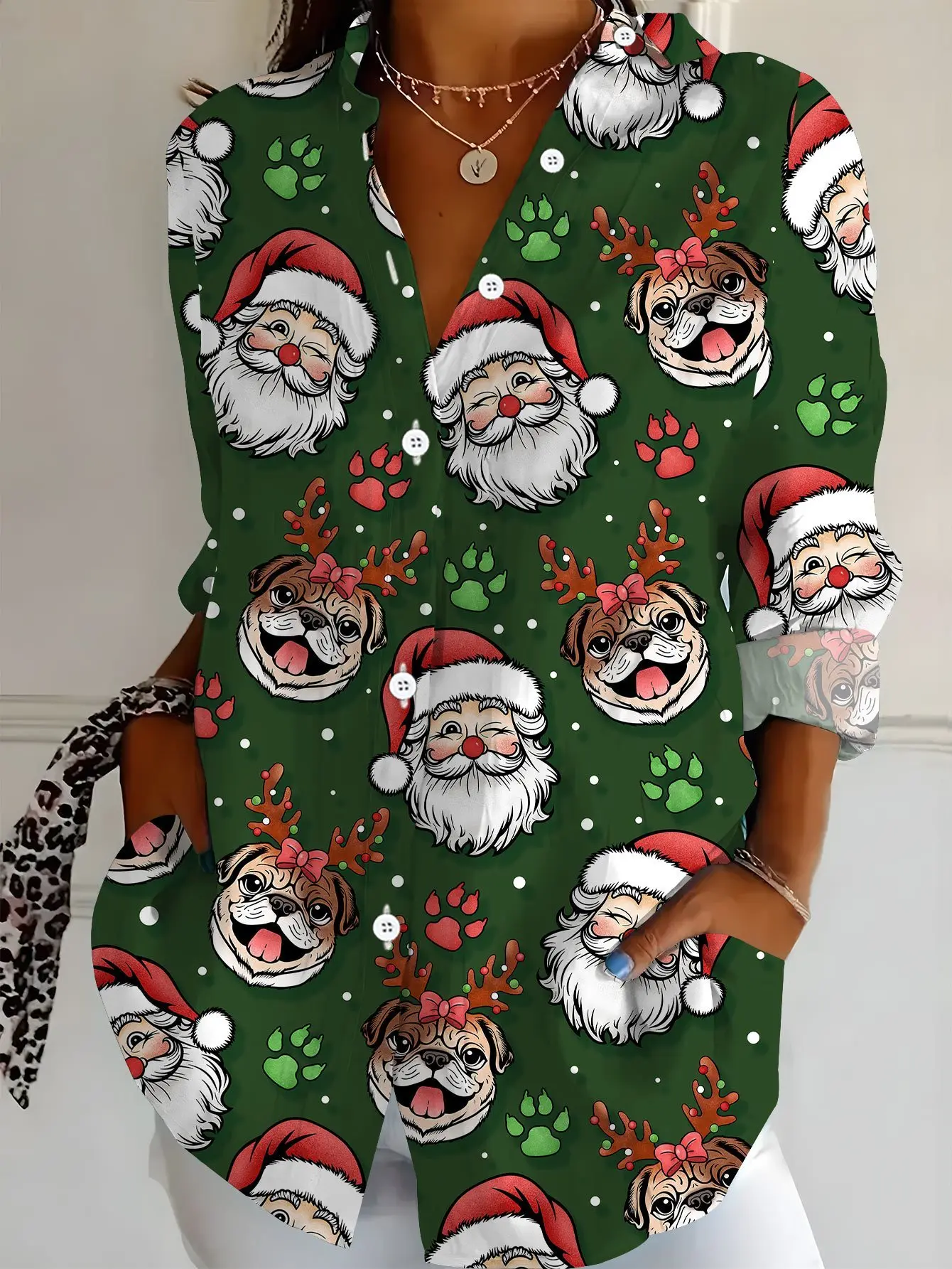 Camisa con estampado bonito de muñeco de nieve y elfo de Navidad para mujer, camisa informal para fiesta navideña, copo de nieve, árbol, estampado de fiesta, ropa de tendencia a la moda
