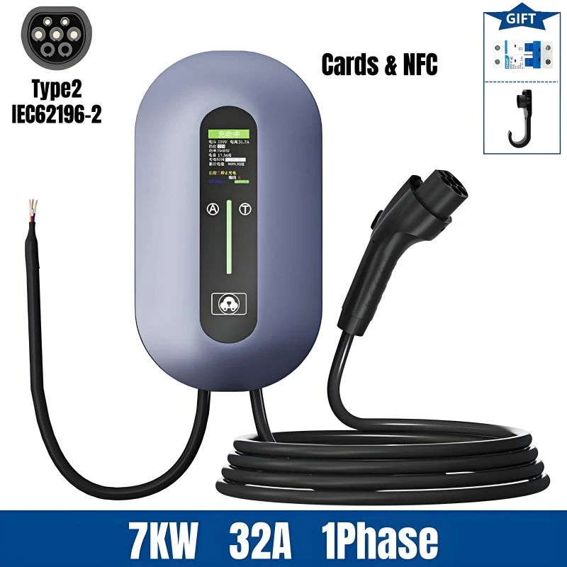 

EV Charger Type 2 32A 7KW Electric Car Wallbox Type2 EVSE 22KW 3Phase with Screen IEC62196 EV Charging Station