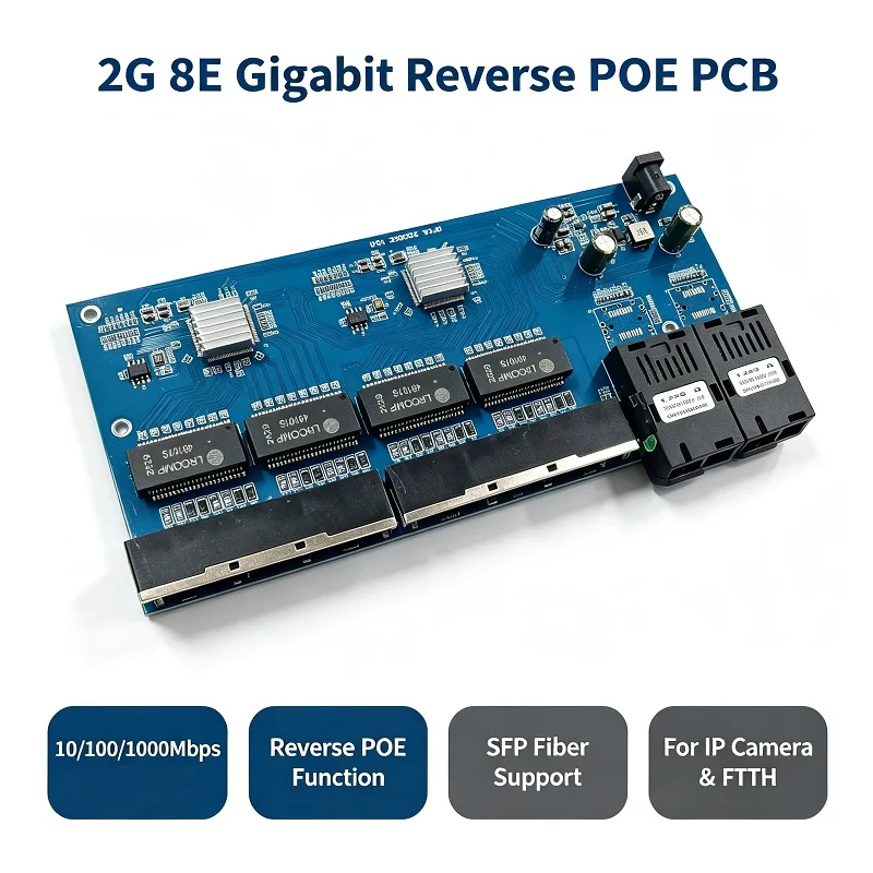 Reverse PoE Switch 8 RJ45 2 SC Serat Gigabit Ethernet Switch Optical UTP Port 10/100/1000M PCBA