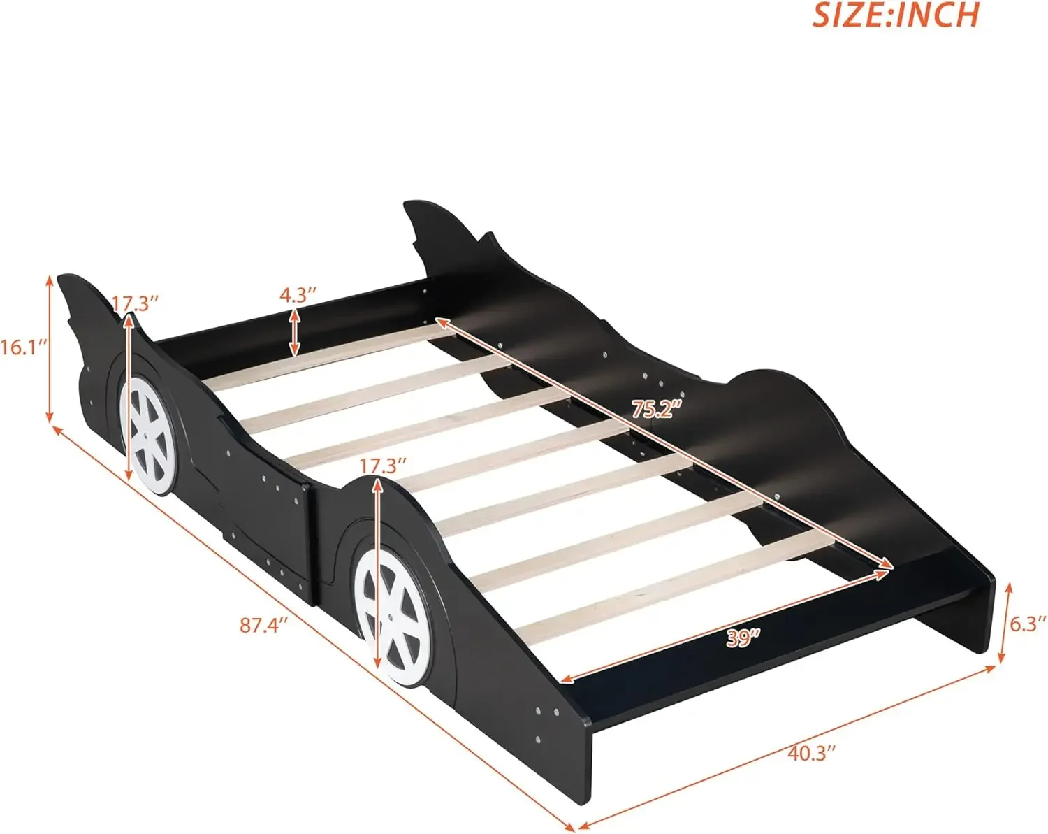 Designs Twin Size Race Car-Shaped Platform Bed with Wheels, Wooden Platform Bed Frame with Support Slats, Twin Floor Bed for Kid