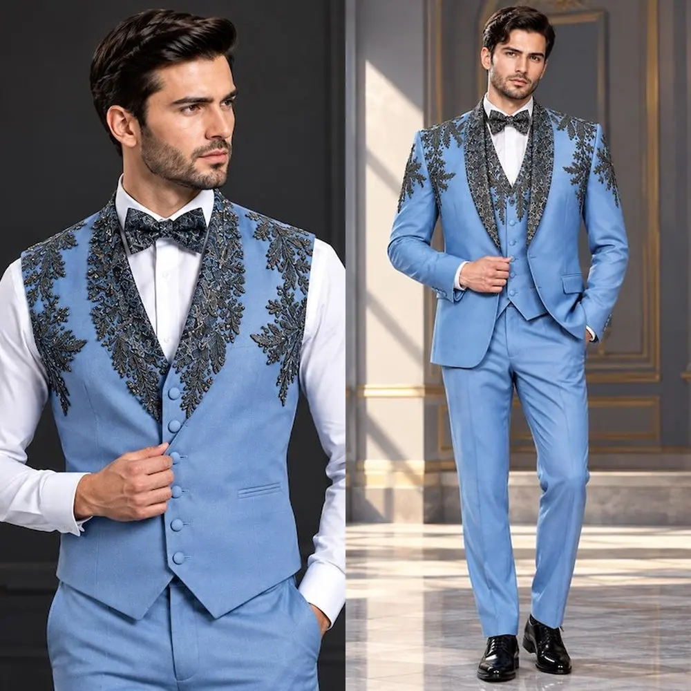 Elegant Banquet Jacket Pants Set Crystal Appliques Shawl Lapel Two Button Slim Fit Prom Wear Custom Party Suits 3 Piece