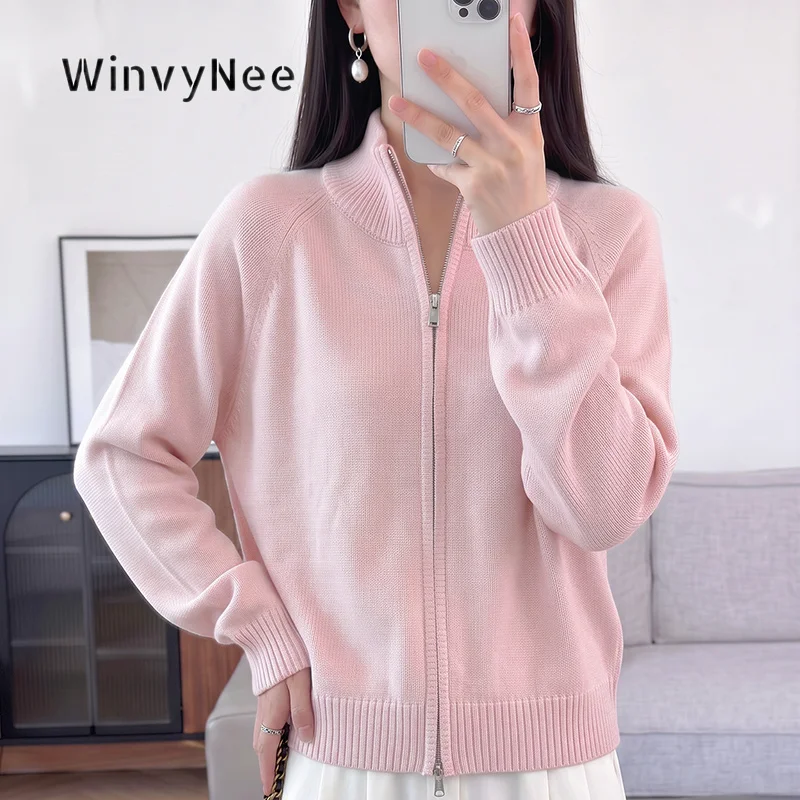 Женский вязаный кардиган WinvyNee, 100% хлопок, с воротником-стойкой, на молнии, с длинными рукавами, ребристыми манжетами, свободного кроя, повседневная верхняя одежда, модель ZB1002060