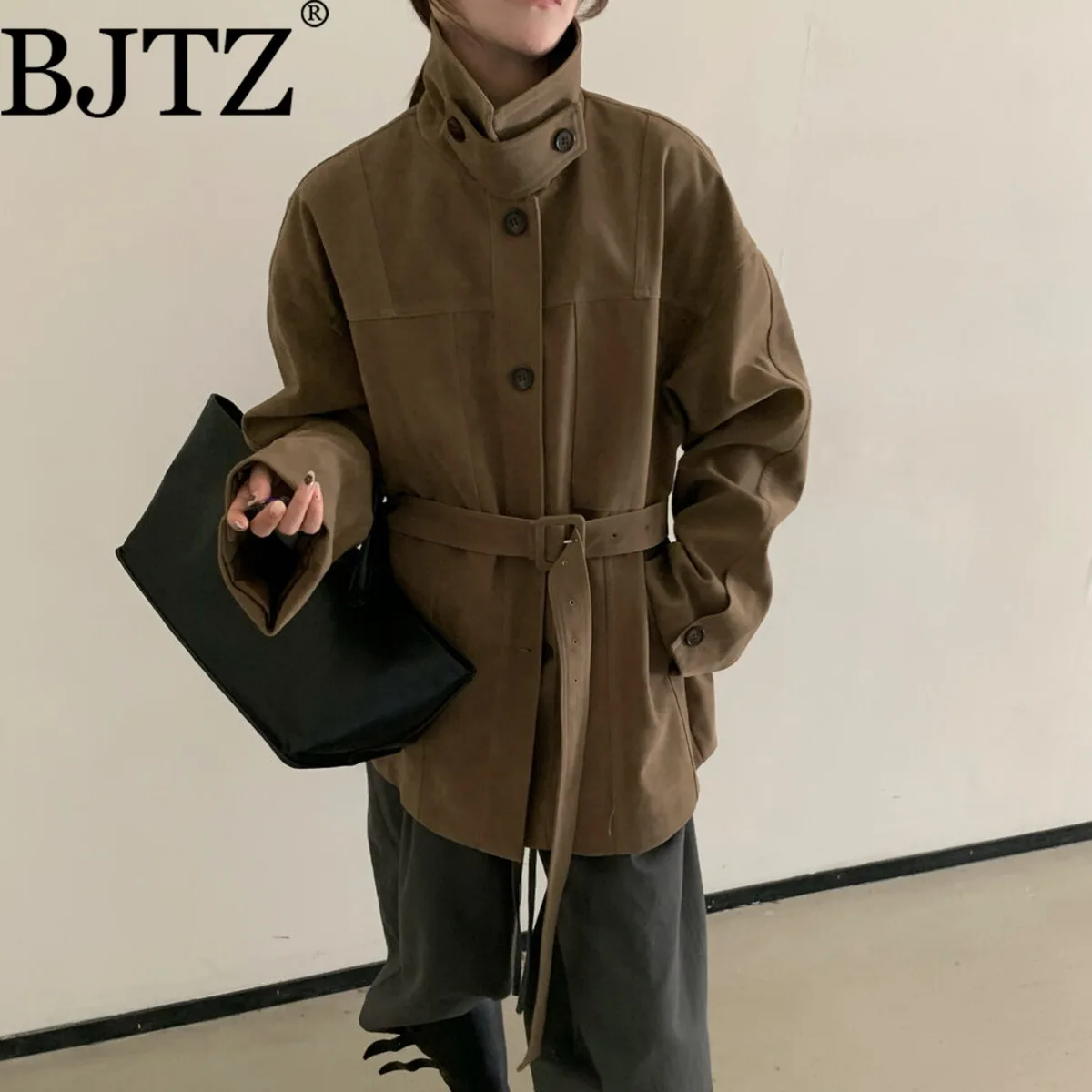 

BJTZ Final AnswerWomen’s AutumnTencel Stand Collar Longline Jacket Asymmetric V-Neck Belted Heavyweight Elegant Luxury Designer