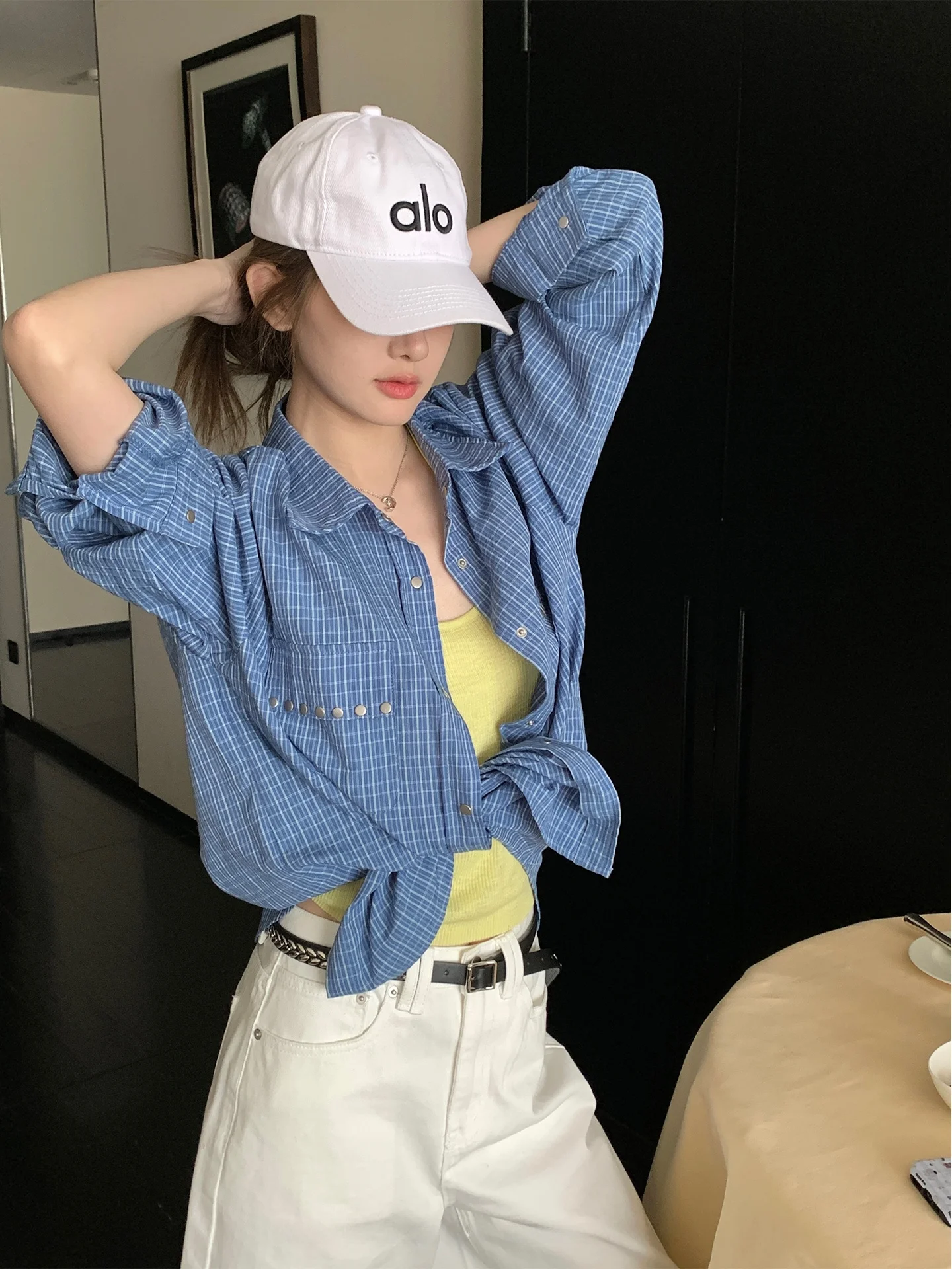 

Синяя клетчатая повседневная рубашка с длинным рукавом для женщин, весна-осень, новый дизайн, приталенный топ в корейском стиле, прямой крой, другие материалы, 00% хлопок