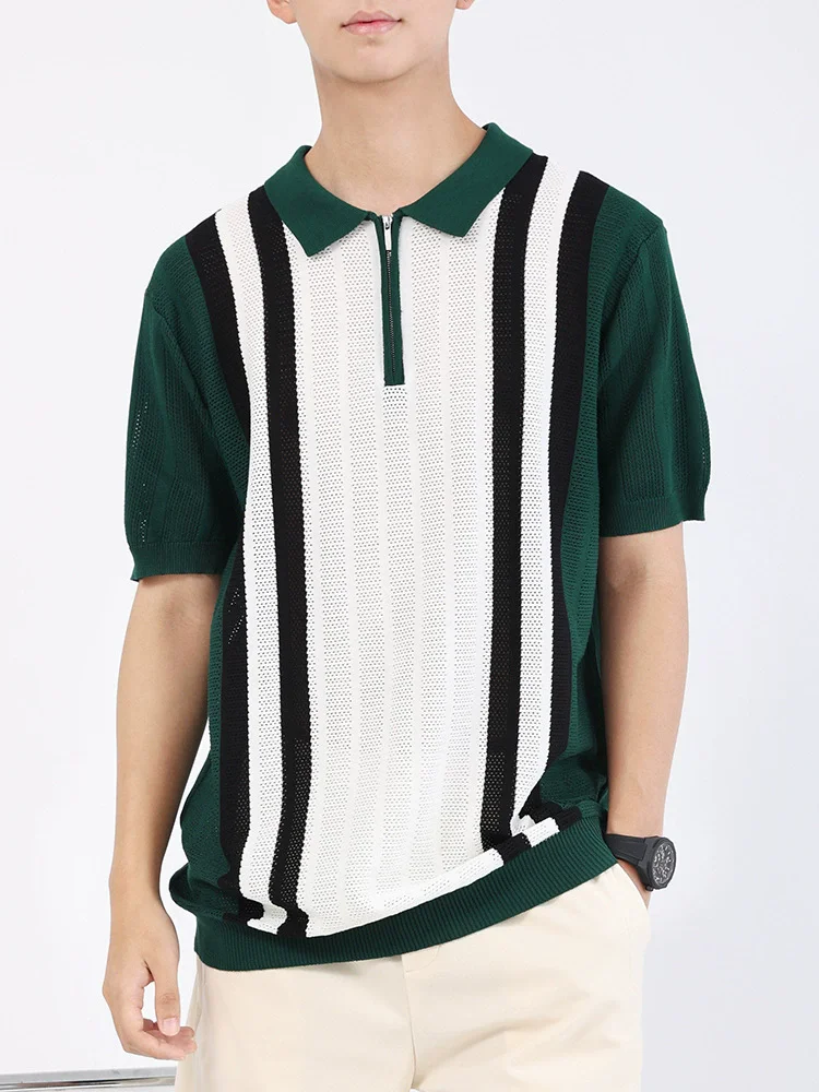 Classic Youth Knitted Polo Shirts For Men Striped Hollow Coolness Summer Quality Viscose Blends Elastic Zipper Camisas De Hombre