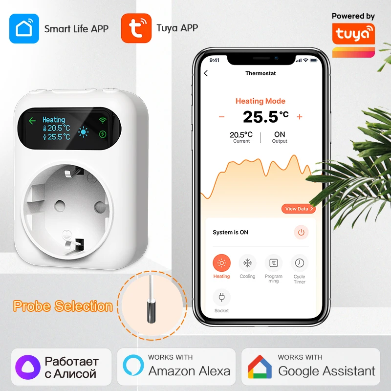 

Умный термостат Tuya с Wi-Fi для охлаждения и обогрева, контроллер температуры 16А, розетка с таймером и внешним датчиком, совместим с Google