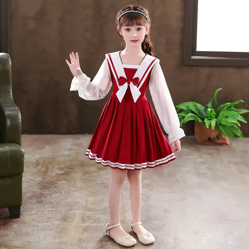 Girls Autumn Retro Red Sailor Collar Dresses Kids Fluffy Sweet Lovely Princess Skirt Children Party Evening Performance Vestido