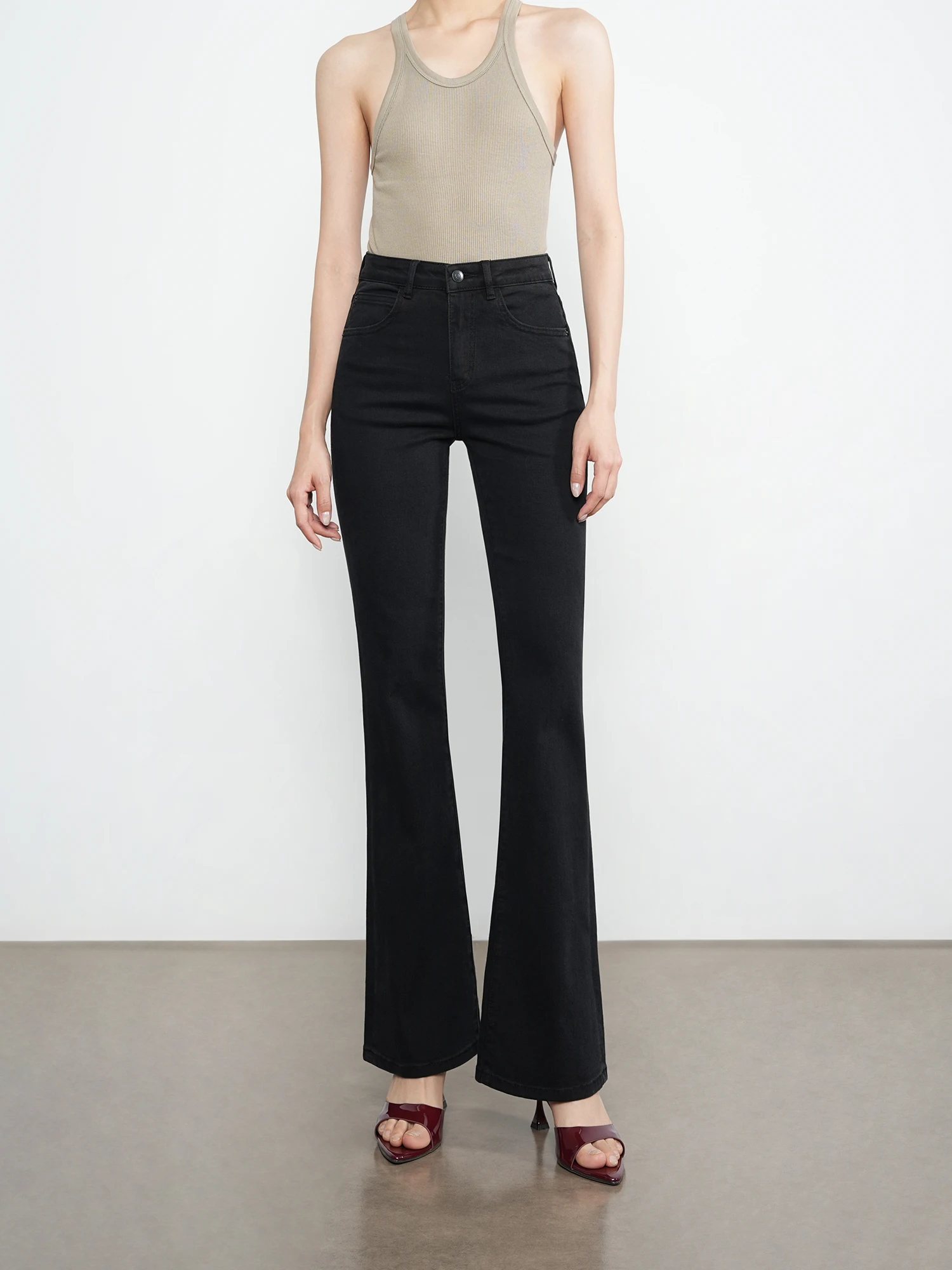 

Slim Fit High Waist Denim Jeans Women Straight Leg Bell Bottoms Four Directional Elasticity Elegant Style Cotton Blend