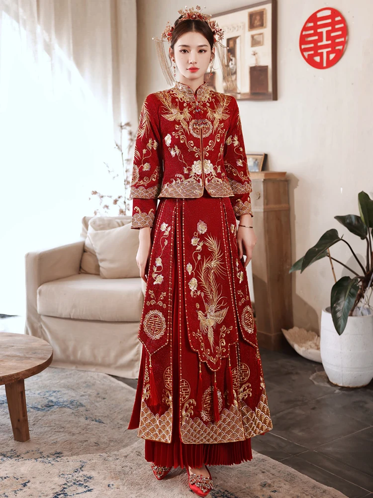 Chinese Traditional Wedding Retro Bridal Red Embroidery Bride's Banquet Gown Xiuhe Dress Cheongsam Hanfu + Matched Headwear