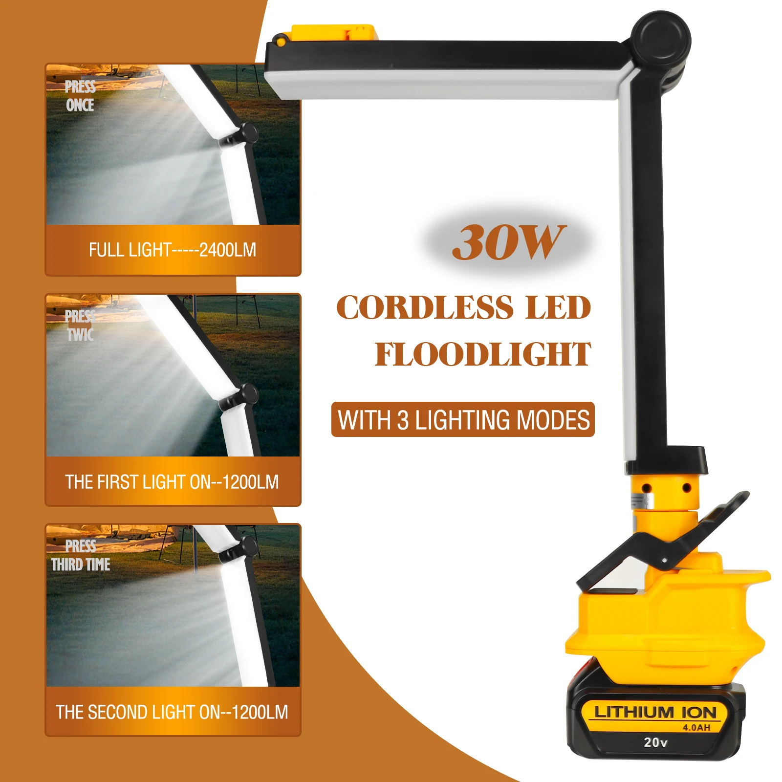 30W 2400LM lampada da lavoro a LED senza fili torcia da esterno portatile rotante a 270 gradi con porta USB adatta per batteria Dewalt 20V