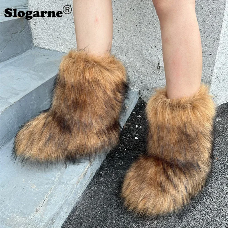 Y2K Fluffy Mid-calf Boots Winter Women Fashion Snow Boots Warm Cotton Shoes Ladies Faux Raccoon Fur Boots Furry Platform Shoes