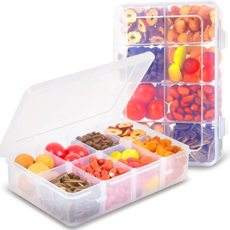 8-Grid Transparent Plastic Snack Storage Box With Adjustable Compartments Food Grade