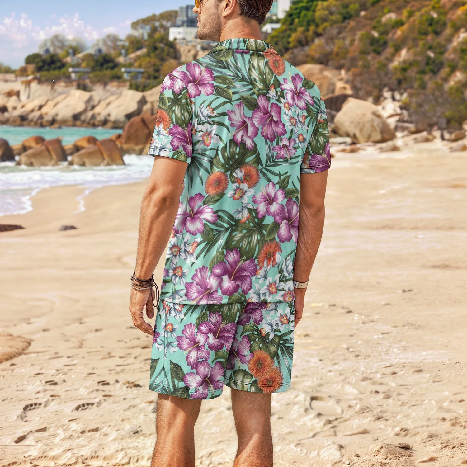 Palm Tree Tropical Men's Degree 3D Printed Hawaiian Shirt and Shorts Set Casual Fashion Short Sleeve Shirt Set for a Unique Patt