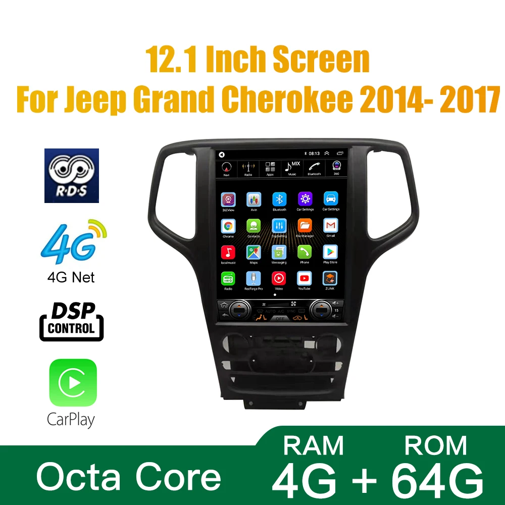 Tesla Screen Octa Core 4GB RAM 64GB ROM Android 10.0 Car DVD GPS Player Deckless Car Stereo For Jeep Grand Cherokee 2014-2017
