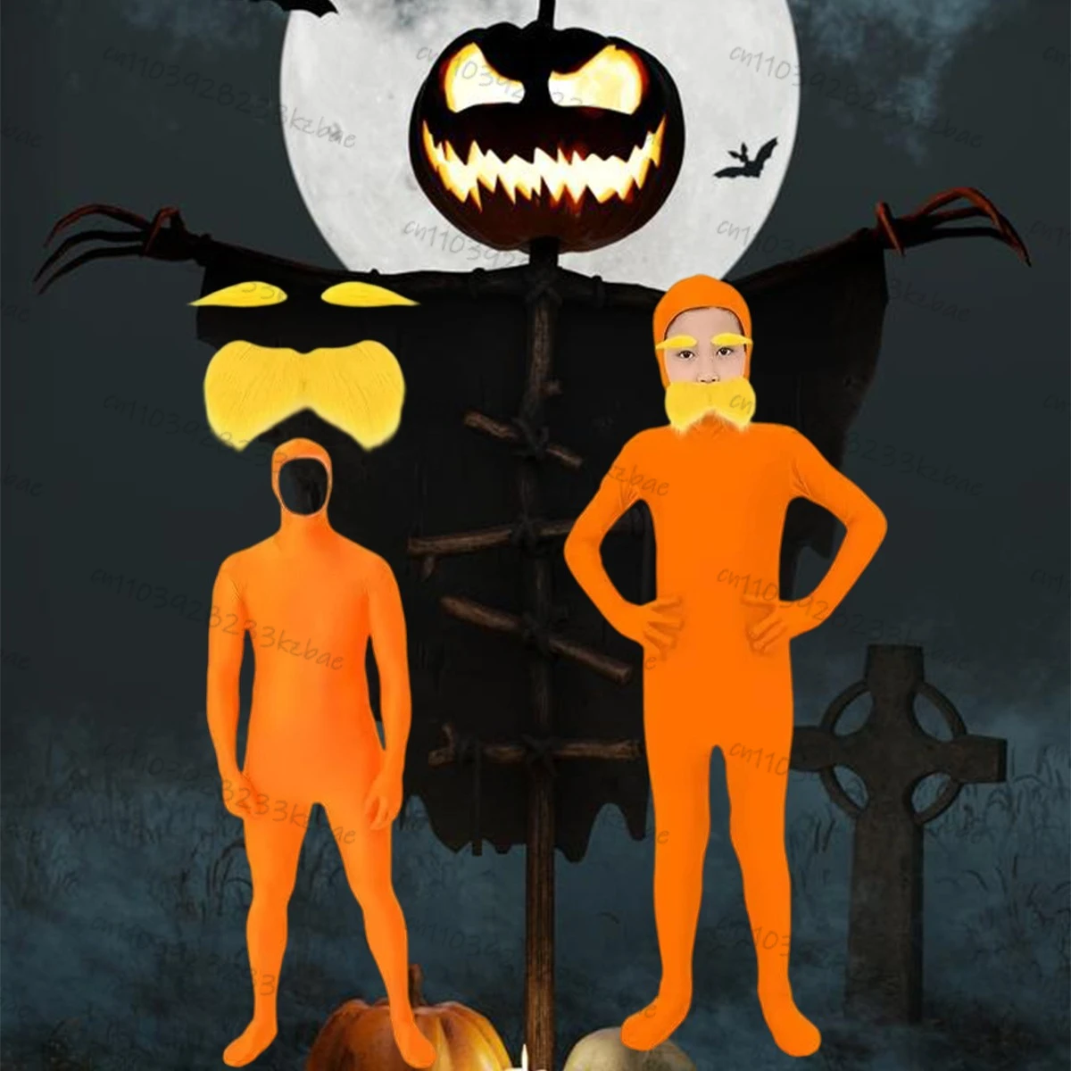 بدلة قفز لحفلات الهالوين باللون البرتقالي، ملابس يوتار باللون الأصفر والشارب والحواجب برتقالية للأطفال والكبار