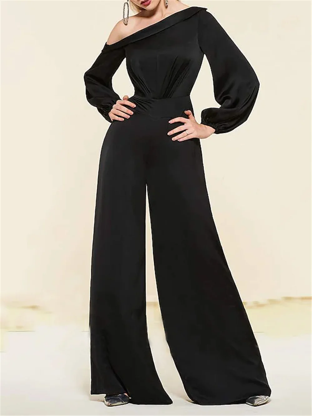 Jumpsuits Mother of the Bride Dress Wedding Guest Floor Length Long Sleeve One Shoulder Satin Chiffon with Sleek Pure Color