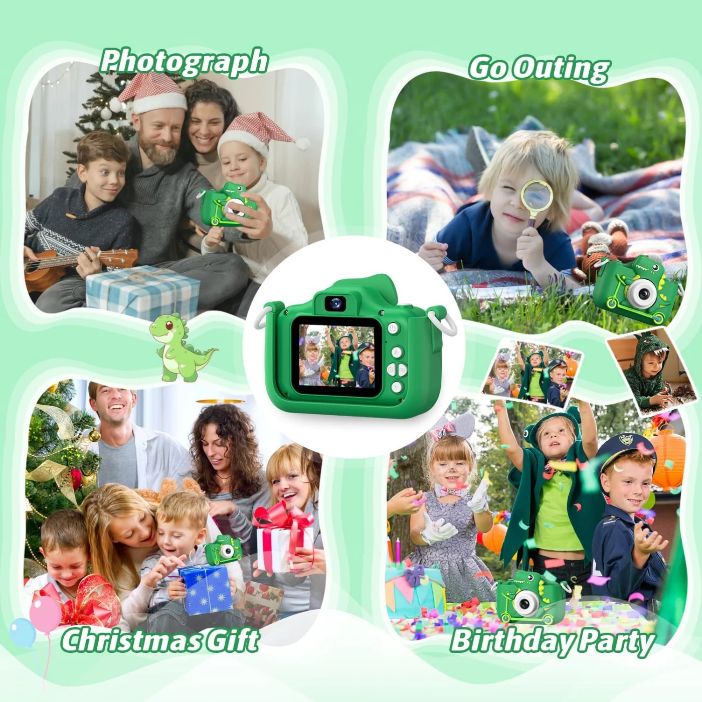 INOCTI Cámaras para niños, serie de dinosaurios, cámara de vídeo digital para niños pequeños, juguetes para regalos de cumpleaños de Navidad