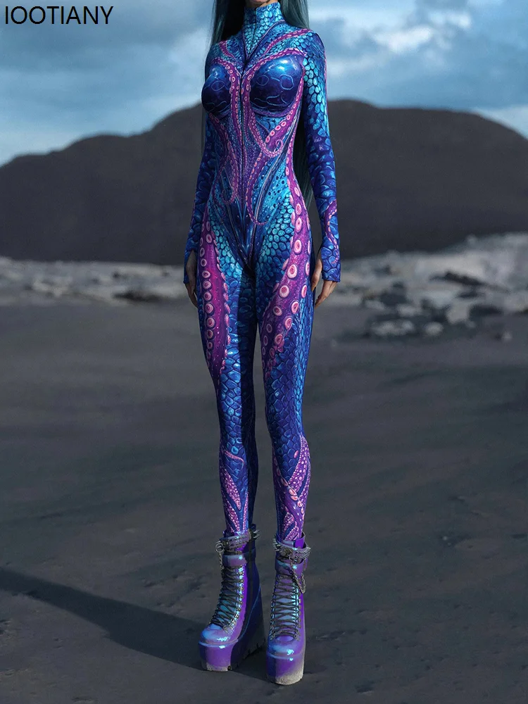 Women Sexy Octopus Print Cosplay Jumpsuits Marine Animal Theme Party Bodysuit Unique Sea Monster Morphsuits Rave Zentai Suit New