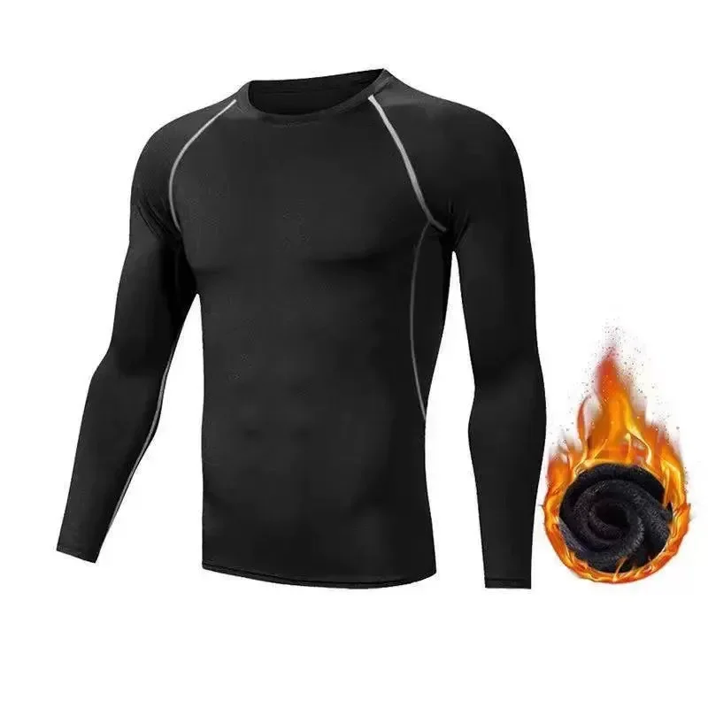 Winter Men\'s Fleece Tight Clothing Suit Long-sleeved T-shirt+trousers Warm Suit Fitness Exercise High Elastic Speed Dry Clothes