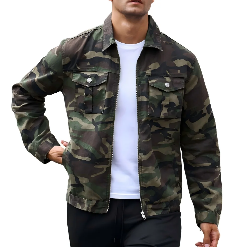 Men's Camouflage Work Jacket, Lapel Zipper Multi-pocket Casual Coat, Retro Trendy Top
