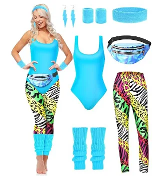 7 Pcs 80s Fancy Workout Costume 80s Accessories Set 80s 90s Leotard Legging Headband Wristbands Leg Warmers Earrings Fanny Pack image 6