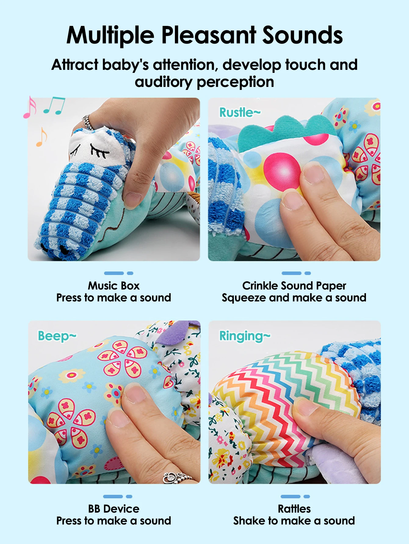 1 pçs bebê conforto crocodilo travesseiro brinquedo com fita métrica, brinquedos musicais infantis de pelúcia com chocalhos crinkle bell