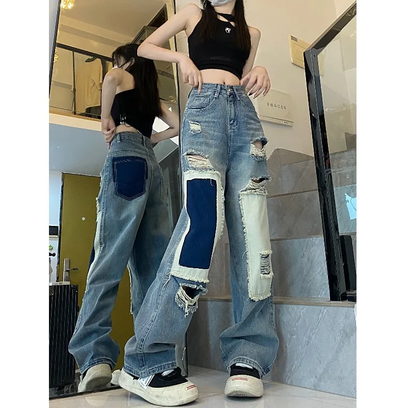 

Women Blue Ripped Jeans Y2k Vintage Oversize Cowboy Pants Harajuku High Waist Denim Trousers 90s Aesthetic 2000s Trashy Clothes