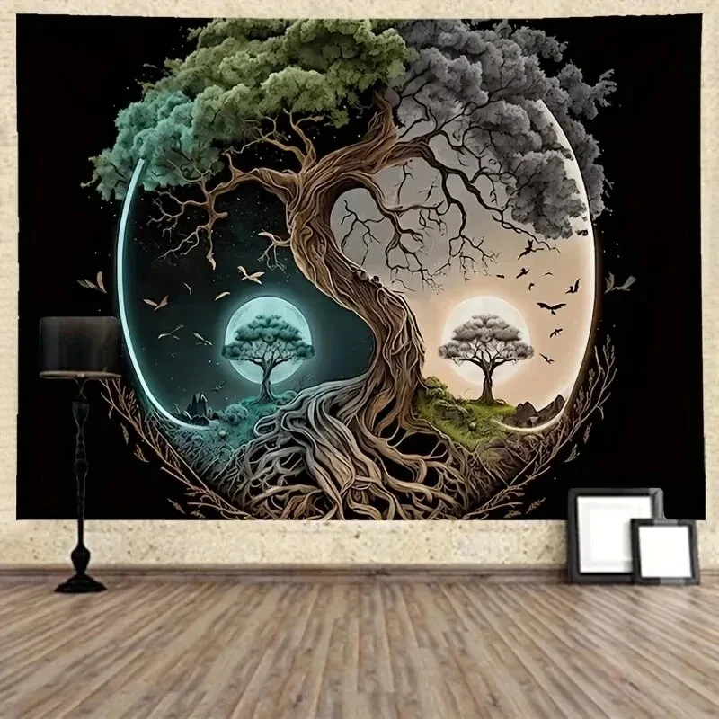 VIKAMA Yin Yang Tree of Life Tapestry Day Night World Tree Moon Bird Wall Hanging Meditation Bedroom Decor Cloth