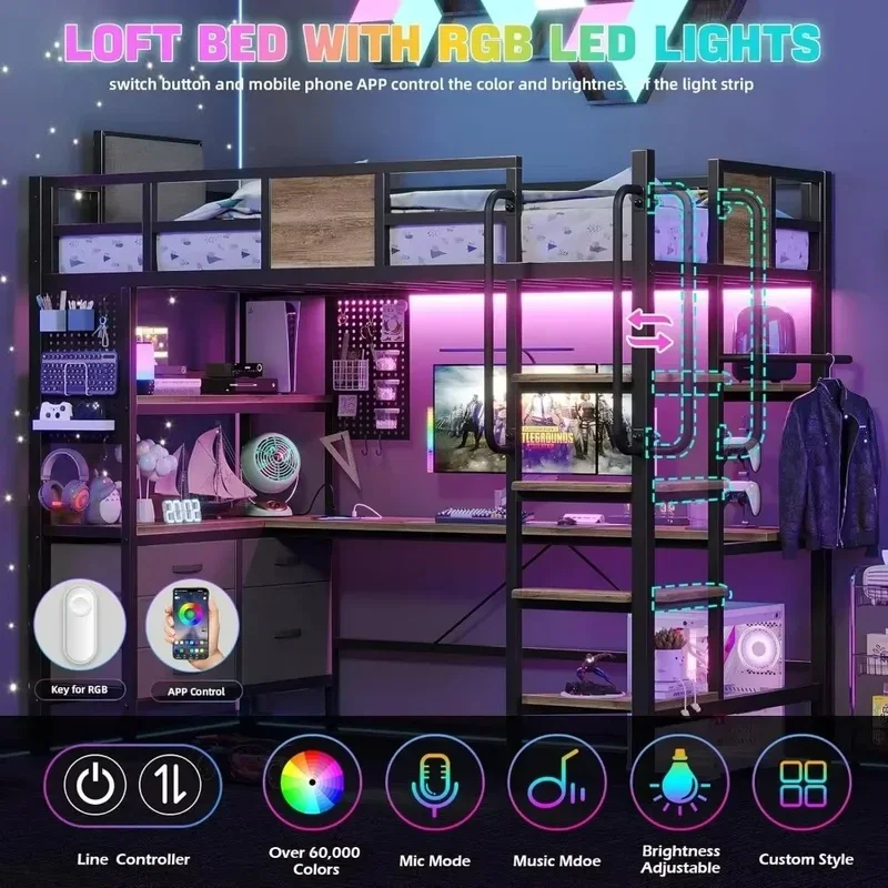 Twin Loft Bed with Desk, LED Lights, Charging Station, 5 Drawers, 2 Pegboards, Safety Guard Ladder, Bunk Bed Design