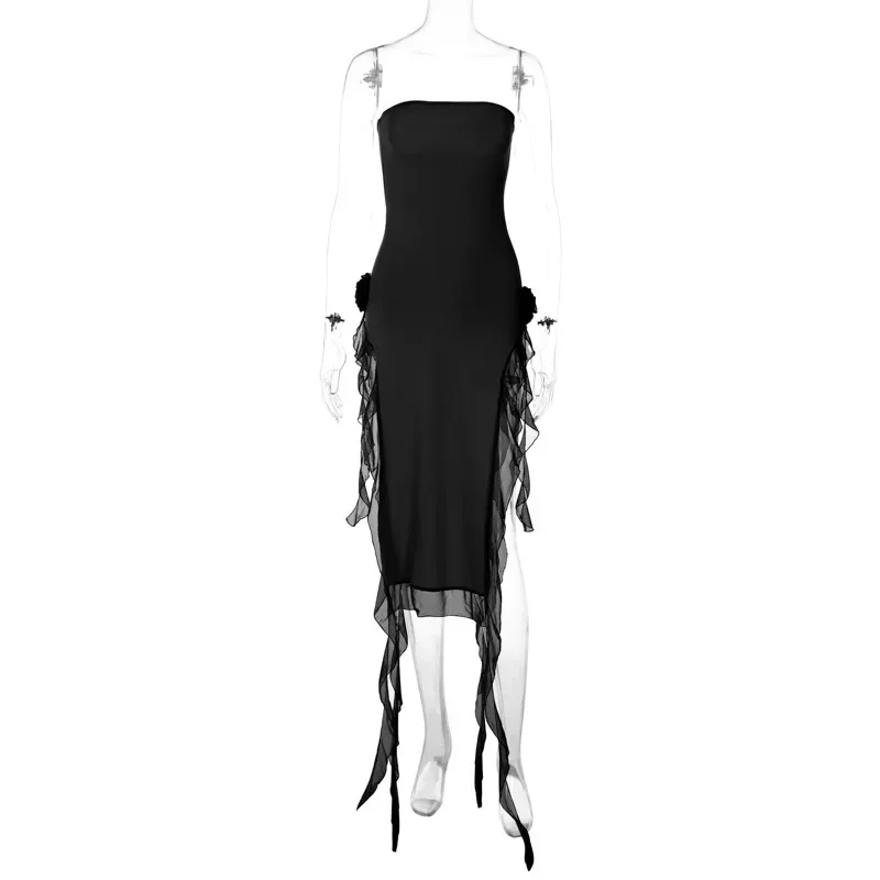 Women's Asymmetrical Hem Ruffle Hem Split Thigh Tube Dress Summer Clothes Solid 3D Flower Design Strapless Midi Dress For Part