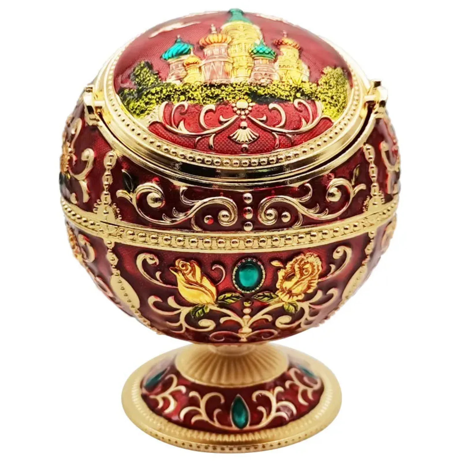 Vintage Royal Spherical Ashtray Windproof with Lid Metal Portable Cigarettes Retro Ashtray Relief Stamped Pattern Gift for Home