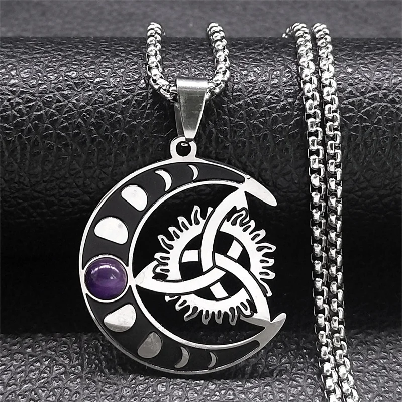 Wicca Crescent Moon Knot Stainless Steel Necklace for Women Men Witch Celtic Trinity Knot Necklaces Jewelry collier N8152S01