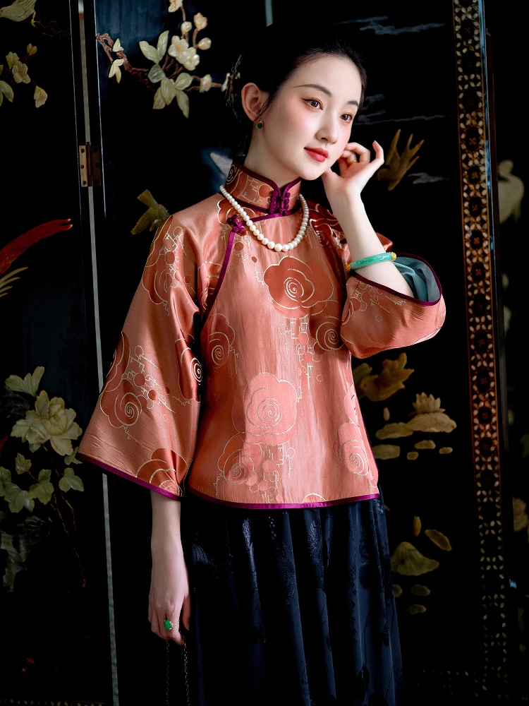 

Элегантная китайская блузка с вышивкой, шелковыми элементами и пуговицами, весна-осень, длинный рукав, воротник-стойка, укороченная.