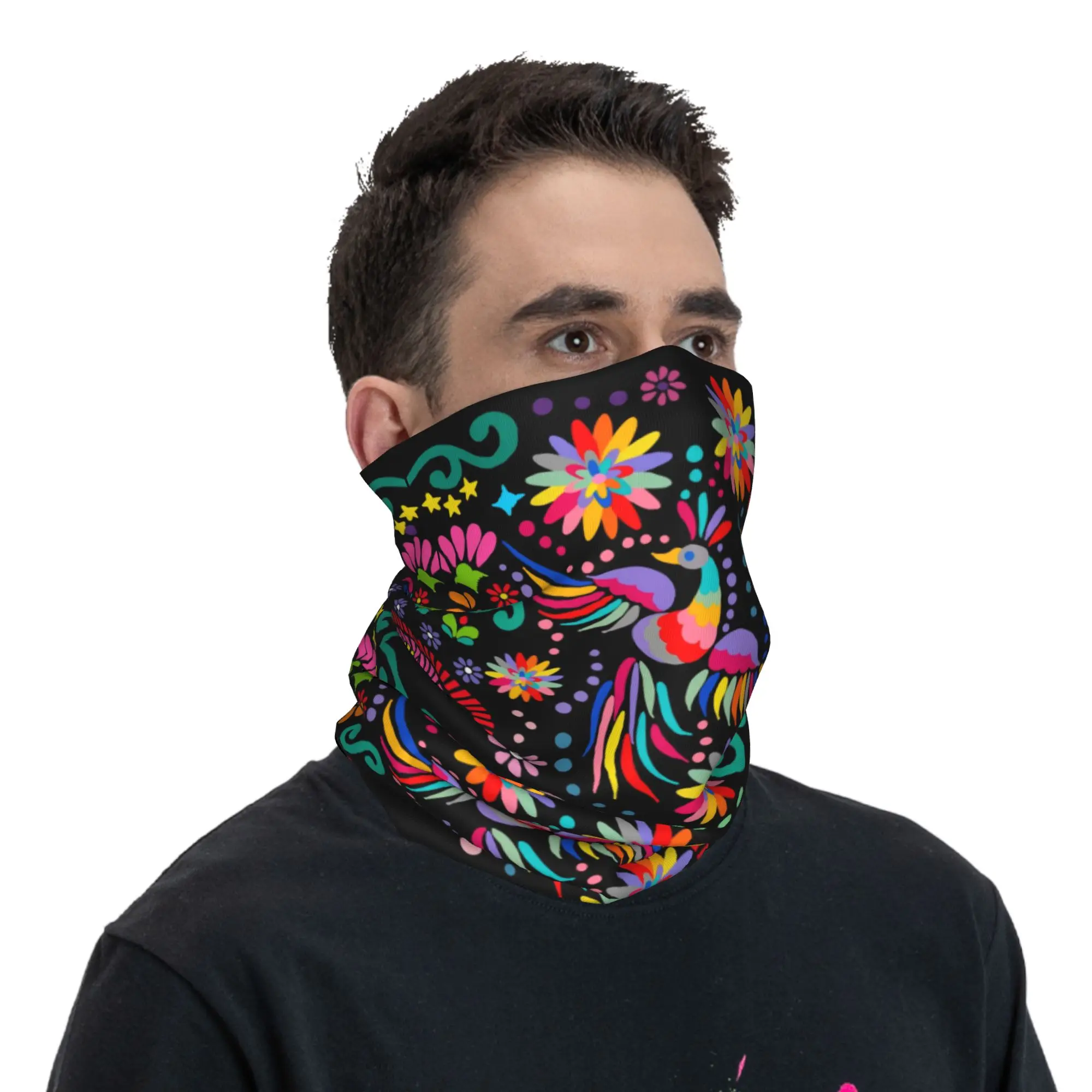 Custom Mexican Floral Flower Textile Bandana Neck Warmer Men Women Winter Hiking Ski Scarf Gaiter Colorful Embroidery Face Cover view 5