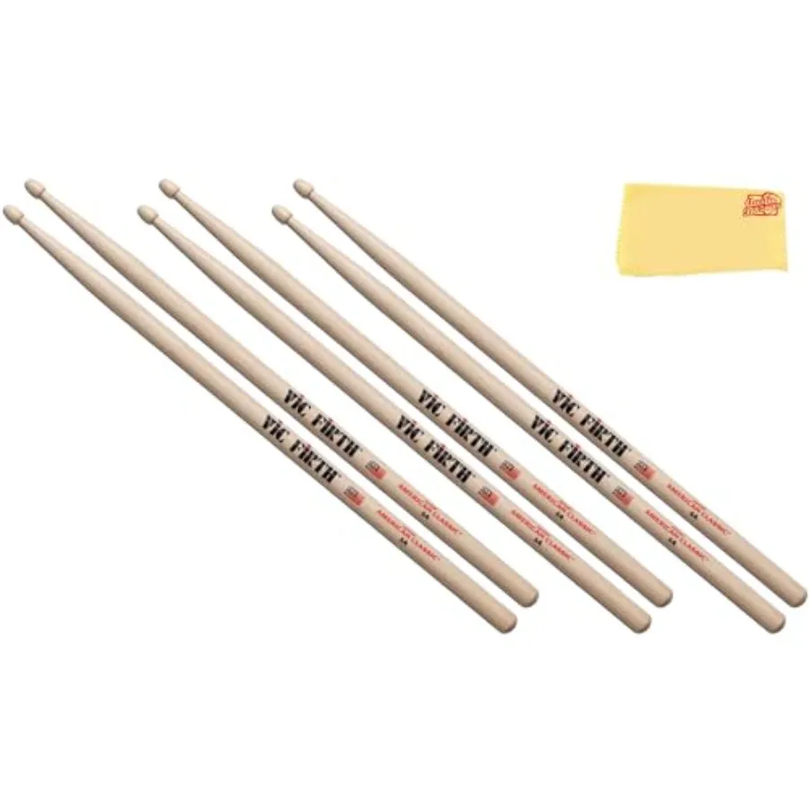 

Американские классические барабанные палочки 5A с деревянными наконечниками - набор из 3 штук черного цвета с полировочной салфеткой Austin Bazaar для живых выступлений и студийной работы.