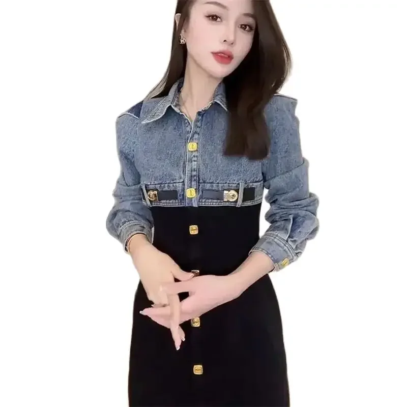 Fake Two-Piece Vestidos Top Denim Stitching Single-Breasted Dress Women\'s 2024 Spring Autumn Fashion Long Denim Dress Female