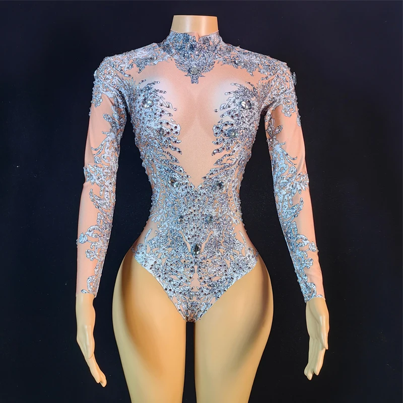 

Show girl Costume Party outfit Halloween Bar Nightclub DJ Gogo Dancer Costume Sexy Mesh Rhinestones Bodysuit Stage Pole Dance Cl