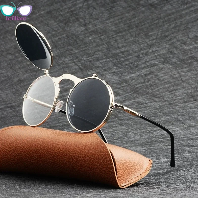 Fashion Luxury Punk Steam Flip Sunglasses for Men  Women Metal Circular Retro Personalized Day and Night Dual-use SUN GLASSES