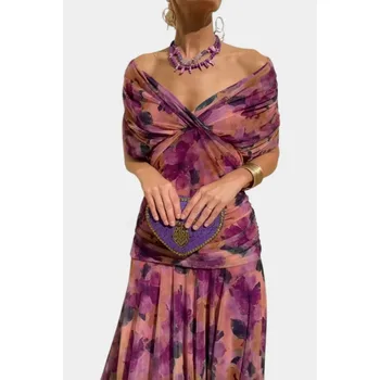 Women French V Neck Chiffon Floral Print Camisole Dress 2026 Fall New Elegant Off Shoulder Flowy Hem Vacation Party Midi Dresses 4