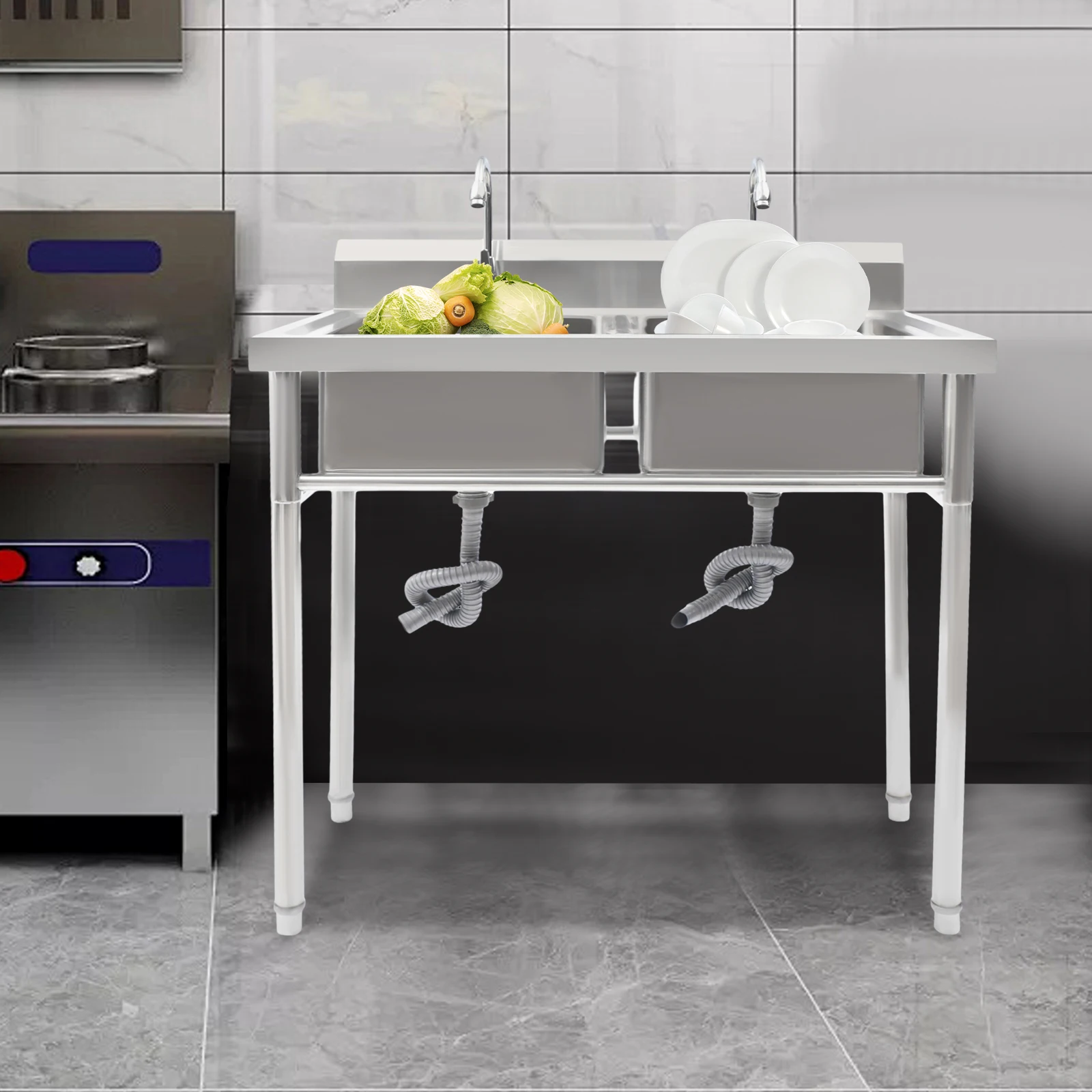 Évier commercial à 2 compartiments avec double robinet, évier de restaurant en acier inoxydable