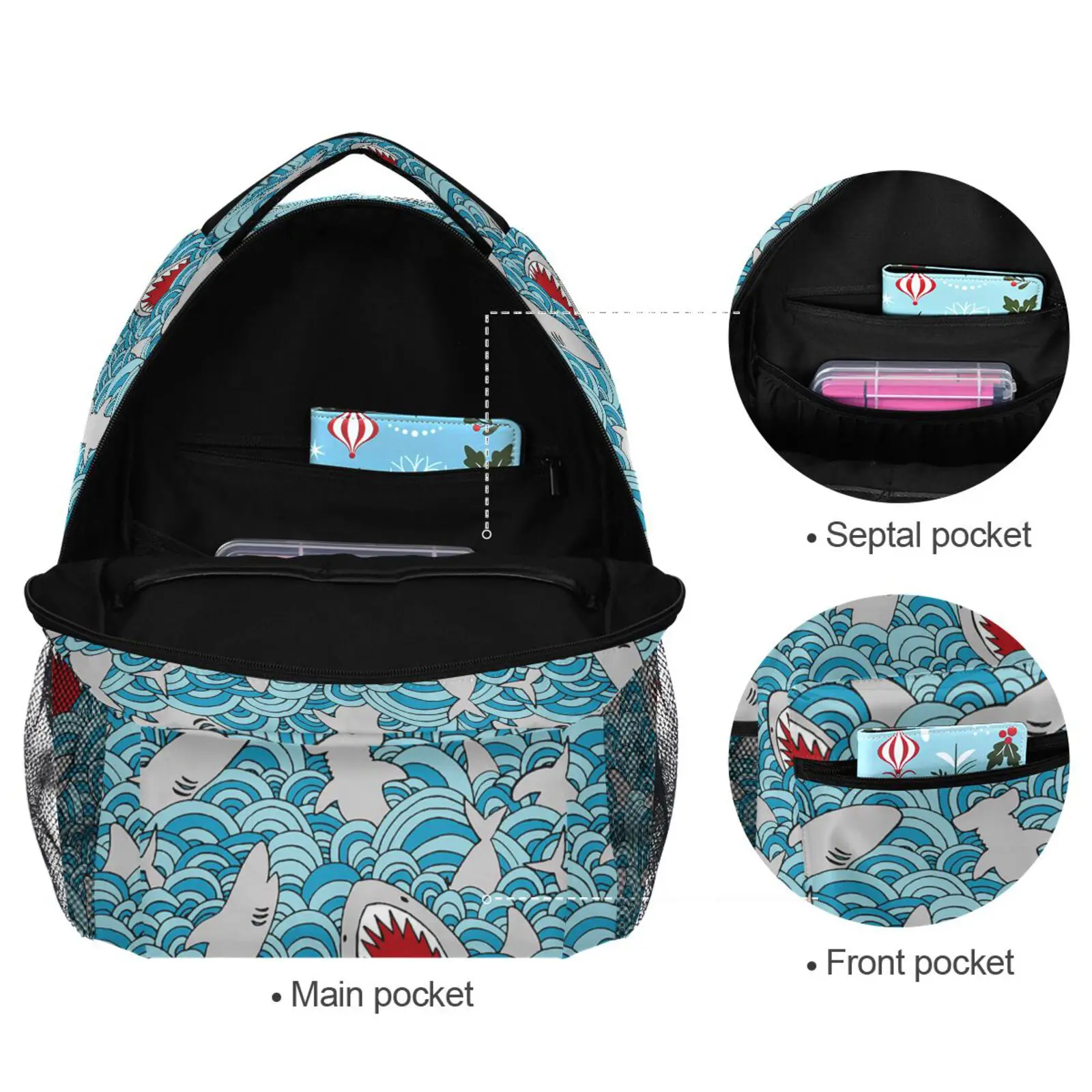 Mochila com estampa de tubarão dos desenhos animados infantis, mochila adequada para menino e menina, bolsa para laptop, volta à escola, juventude, luxo, novo