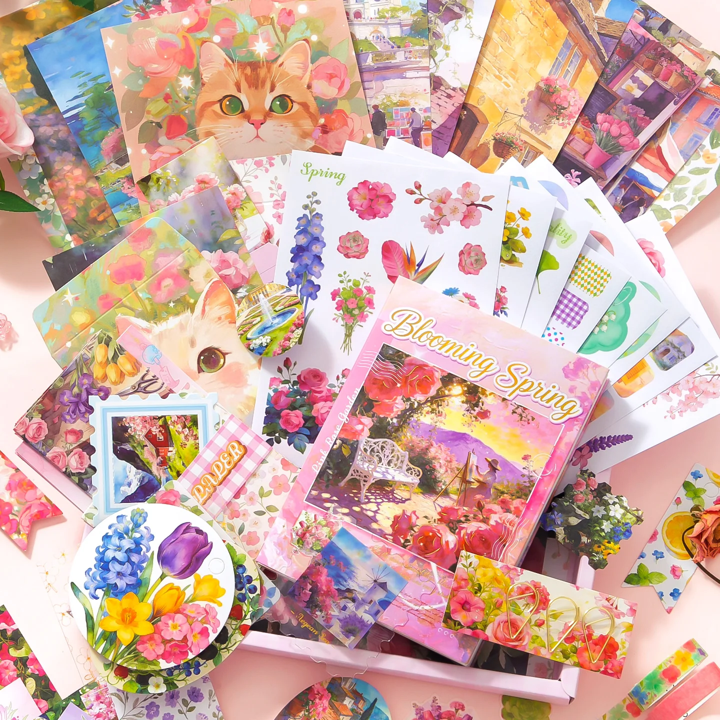 Set de Regalo Estético para Scrapbooking, Kit de Diario Floral Sylvia con Cuaderno A6, Cinta Washi, Pegatinas y Papeles Decorativos