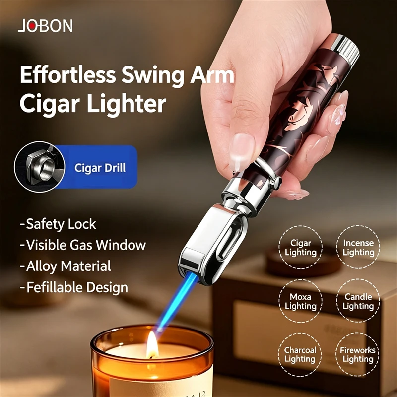 JOBON Rocker Arm Straight Punch Lighter Windproof Adjustable Flame with Visible Gas Window for Kitchen Outdoor BBQ Camping