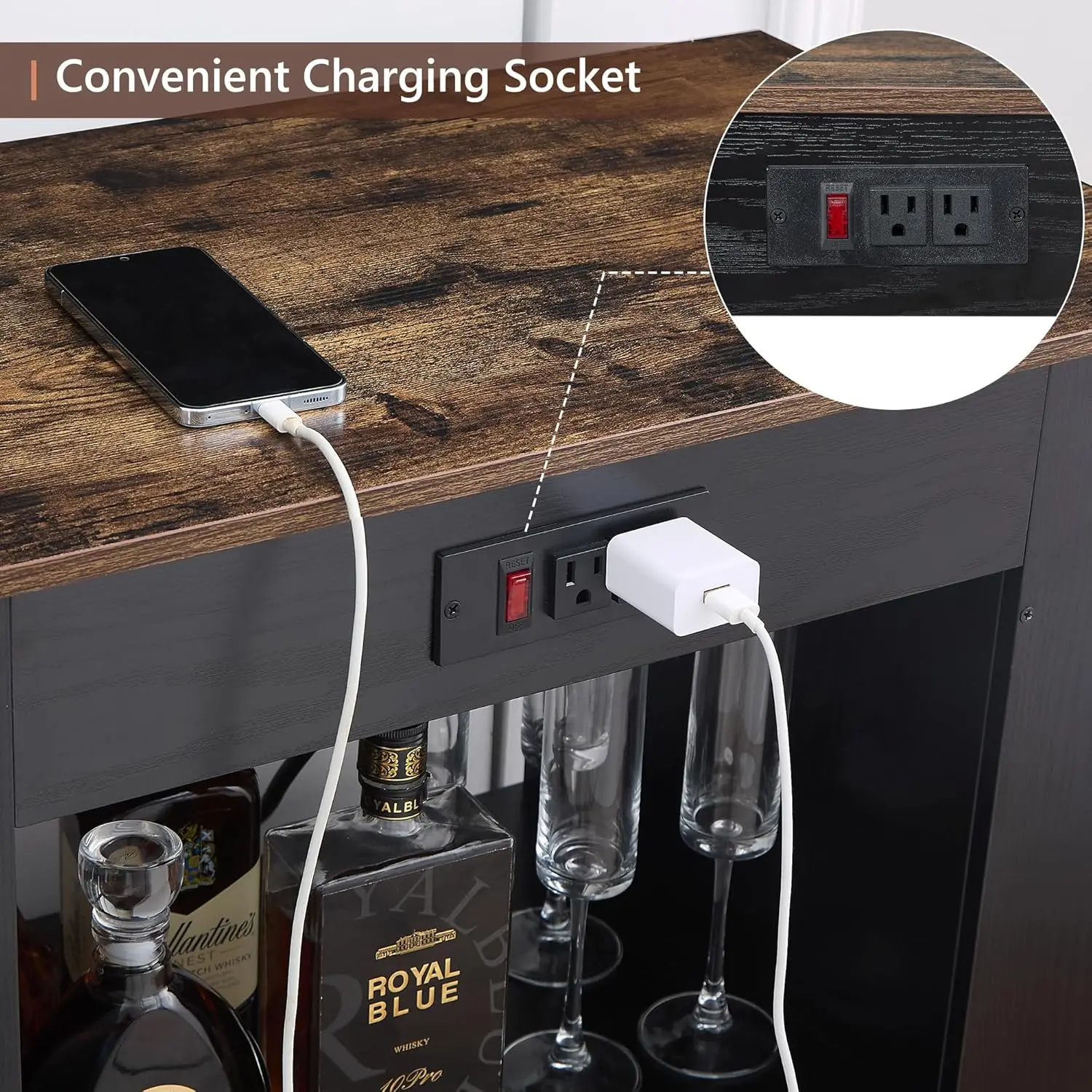 Vecelo Rolling Kitchen Island Cart With Large Storage, Microwave Stand, Open Shelves, Wine Rack, Power Outlet, Bar Cabinet For