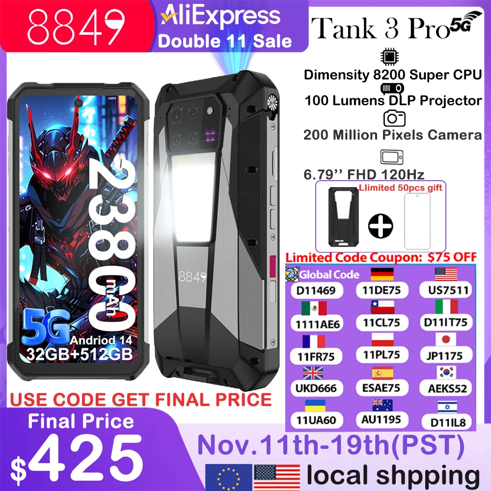 8849 Tank 3 Pro Unihertz Rugged Smartphones Projector Android 5G 23800mAh 512GB 36GB 200 MP Camera Dimensity 8300 Mobile Phone