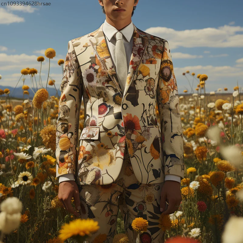 

Sunflowers Printed Men Casual Suits Coat Trousers Colourful Helianthus Party Cosplay Stage Nightclub Performance Suit