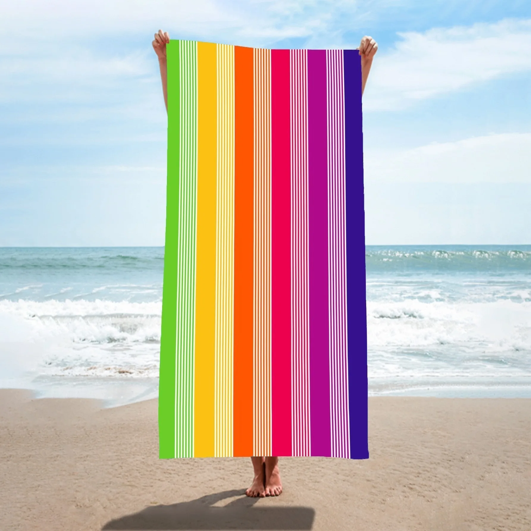

Colorful Vertical Striped Print Polyester Beach Towel Rainbow Quick Dry Bath Towel for Summer Swim Pool Vacation Sand Free